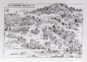 江戸時代の誉田八幡宮の様子です。当時はお寺が存在し、御陵の頂上に六角堂という参拝する施設がございました。
