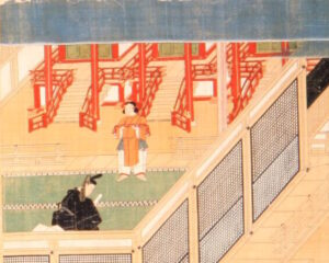 誉田宗廟に参籠してた菅原道真 公の前に童子が現れ、宝剣を授けている様子が描かれています。