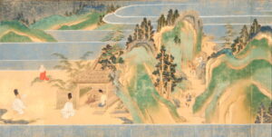 縁起の一部、竹の葉の上にのった八幡様が現れた様子が描かれています。