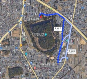 当宮境内から、googlemapで確認した御陵前方部へ東方面から周る道のりです。